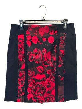 Y2K Era Cache Black Mini Skirt with Red Floral Center Panels Size 6